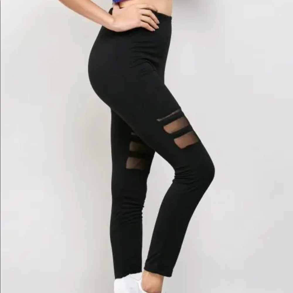 Black, high-waisted mesh panel see thru leggings
